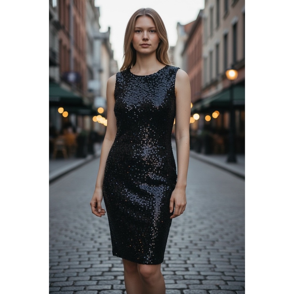 IRIS Black Sequin Cowl Neck Sleeveless Cocktail Party Dress Size L
